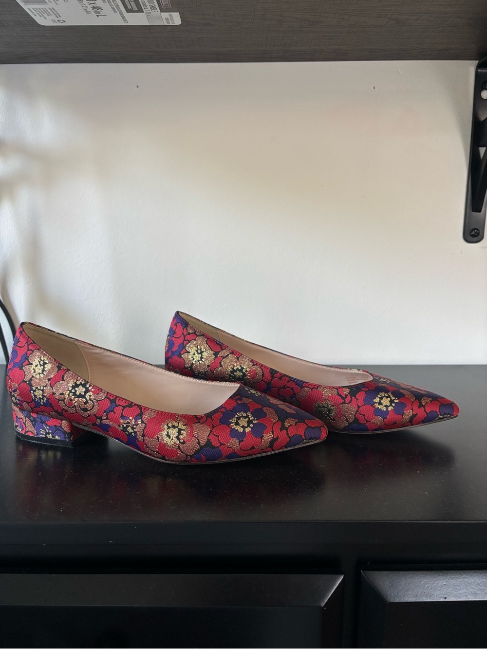Cole Haan Red Floral Jacquard Pointed Toe Low Heel Flats